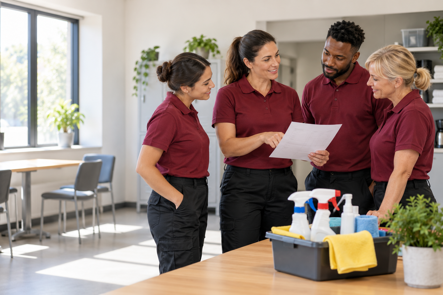 Illustrative photograph of cleaning professionals reviewing a checklist